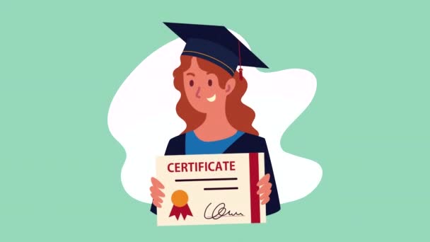 Graduation animation with redhead woman graduated — Stock Video