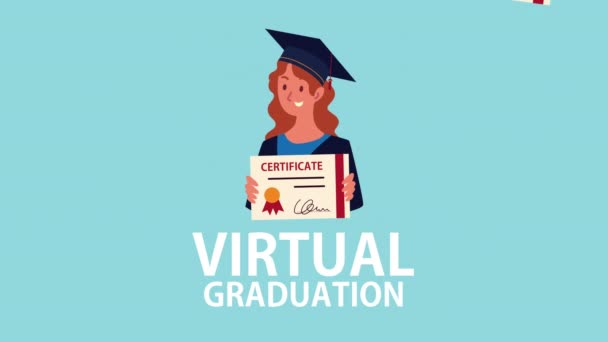 Animación de graduación con mujer graduada y certificado — Vídeo de stock