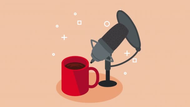 Microfone podcast com animação xícara de café — Vídeo de Stock