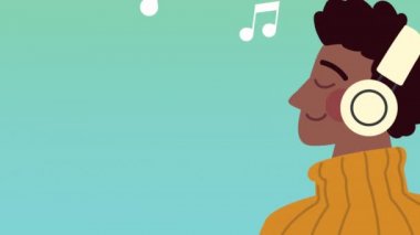 Afro adam müzik notalı kulaklık kullanıyor.