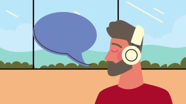 Бородатий чоловік використовує навушники з бульбашкою мовлення — стокове відео