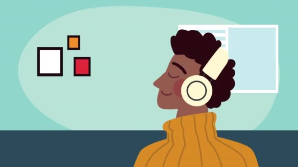 Afro man met behulp van oortelefoons in het huis karakter — Stockvideo