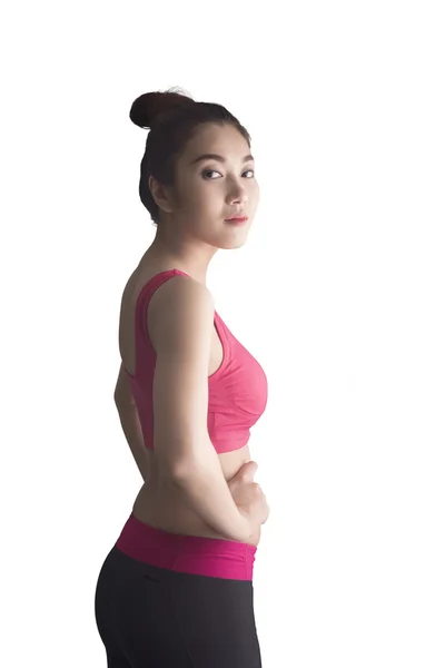 Isoliert asiatische junge Frau mit Übung Suite — Stockfoto