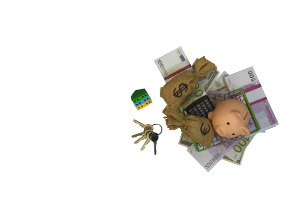 Векселя Мешки Монетами Долларах Евро Корзине Покупок Свиньи Копилка Калькулятор — стоковое фото