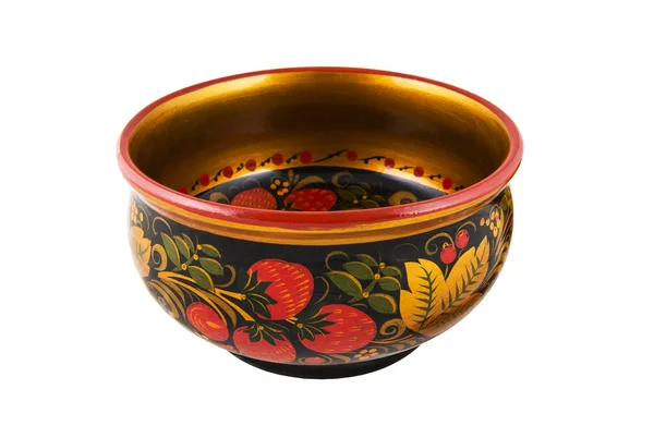 Wooden old Russian round bowl with painted Khokhloma. — Stock Photo, Image