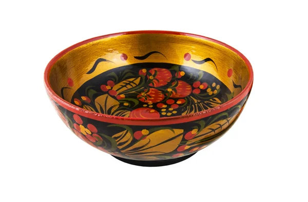 Wooden old Russian round bowl with painted Khokhloma. — Stock Photo, Image