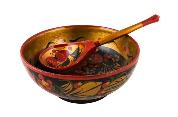 Wooden round bowl with a spoon painted Khokhloma. — Stock Photo, Image