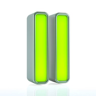 Beyaz arkaplanda Yeşil Duraklat düğmesi ya da Ortam Kontrol sembolleri. Çokluortam simgesi konsepti 3d oluşturma