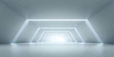 Soyut Gelecek Tüneli. Bilim kurgu Uzun Işık Koridoru konsepti. Boş Modern Gelecek beyaz arka planı. 3d oluşturma