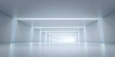 Soyut Gelecek Tüneli. Bilim kurgu Uzun Işık Koridoru konsepti. Boş Modern Gelecek beyaz arka planı. 3d oluşturma