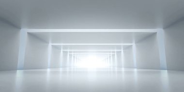 Soyut Gelecek Tüneli. Bilim kurgu Uzun Işık Koridoru konsepti. Boş Modern Gelecek beyaz arka planı. 3d oluşturma