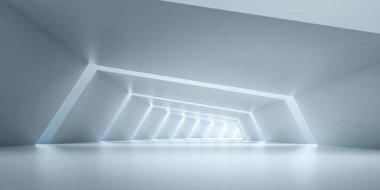 Soyut Gelecek Tüneli. Bilim kurgu Uzun Işık Koridoru konsepti. Boş Modern Gelecek beyaz arka planı. 3d oluşturma