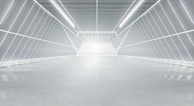 Aydınlatılmış koridor iç tasarımı. Işık ve yansıma arka planına sahip soyut gelecekçi tünel. 3B görüntüleme.