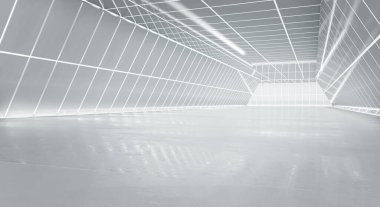 Aydınlatılmış koridor iç tasarımı. Işık ve yansıma arka planına sahip soyut gelecekçi tünel. 3B görüntüleme.