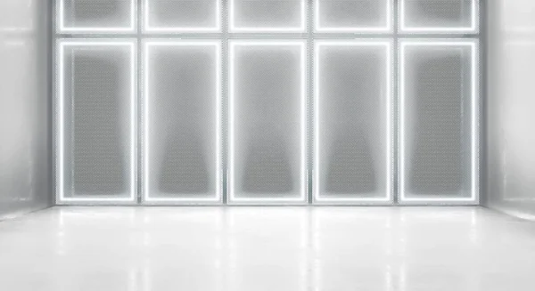 Futuristische Abstracte Achtergrond Gloeiende Lijnen Reflectie Neon Light Shapes Empty — Stockfoto