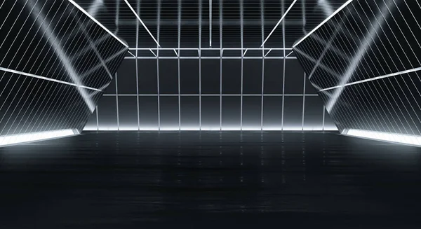 Túnel Futurista Abstrato Com Luz Reflexão Vista Interior Corredor Nave — Fotografia de Stock