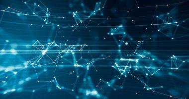 Noktaları ve çizgileri birleştiren soyut geleceksel şekilli çokgen. Gelecek konsepti, karanlık arka plan. Bilgisayar oluşturulmuş 3d görüntüleme