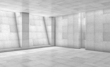 Köşe yazıları olan soyut beton sergi salonu. Modern geometrik tasarım. Beyaz zemin ve duvar arkası. 3d oluşturma
