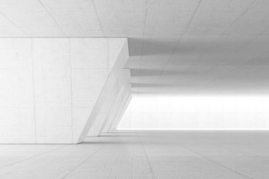 Beyaz duvarlı soyut boş alan. Zemini olan modern boş sergi salonu. Gelecek konsepti. 3d oluşturma.