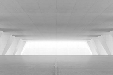 Beyaz duvarlı soyut boş alan. Zemini olan modern boş sergi salonu. Gelecek konsepti. 3d oluşturma.