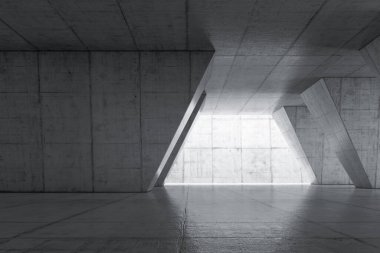 Beton duvarlı soyut boş alan. Zemini olan modern boş sergi salonu. Gelecek konsepti. 3d oluşturma.