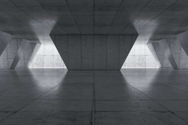 Beton duvarlı soyut boş alan. Zemini olan modern boş sergi salonu. Gelecek konsepti. 3d oluşturma.