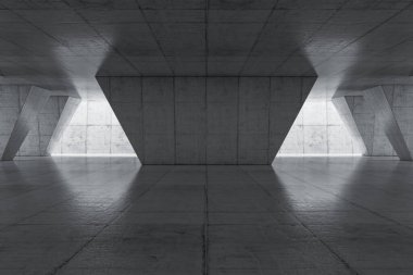 Beton duvarlı soyut boş alan. Zemini olan modern boş sergi salonu. Gelecek konsepti. 3d oluşturma.