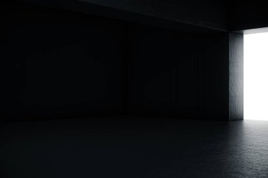 Kapısı ve parlayan ışığı olan boş, soyut beton bir oda. İç mekan konsepti. 3d illüstrasyon