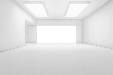 Kapısı ve parlayan ışığı olan soyut beyaz bir oda. İç mekan konsepti. 3d illüstrasyon