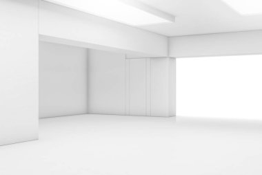 Kapısı ve parlayan ışığı olan soyut beyaz bir oda. İç mekan konsepti. 3d illüstrasyon