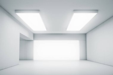 Kapısı ve parlayan ışığı olan soyut beyaz bir oda. İç mekan konsepti. 3d illüstrasyon