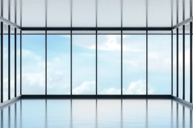 Ön büyük salon ve yansıma katlı geniş pencere. Gökyüzü görüntüsü ve gündüz arkaplanı. Modern iç mekan konsepti. 3B Hazırlama