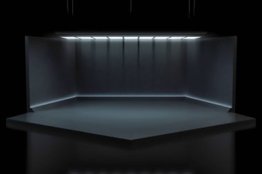 Açık fütüristik arka planı olan modern karanlık sahne olayı. Geleceğin teknolojisi bilim kurgu hi-tech konsepti. 3d oluşturma