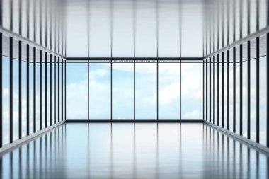 Ön büyük salon ve yansıma katlı geniş pencere. Gökyüzü görüntüsü ve gündüz arkaplanı. Modern iç mekan konsepti. 3B Hazırlama