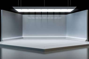 Işık fütüristik arka plana sahip modern beyaz sahne etkinliği. Geleceğin teknolojisi bilim kurgu hi-tech konsepti. 3d oluşturma
