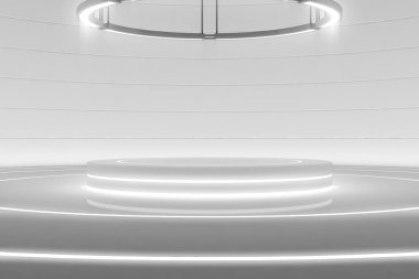 Avize ile birlikte fütüristik yuvarlak kaide ya da platform. Boş ürün poduimi ya da ayakta. Parlak ışıkla gelecek boş sahne. Gelecekteki geçmişi. 3d oluşturma