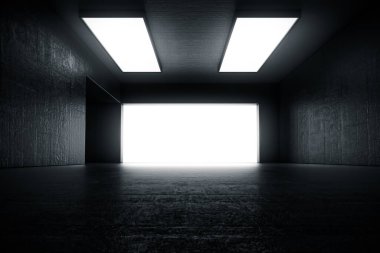 Kapısı ve parlayan ışığı olan boş, soyut beton bir oda. İç mekan konsepti. 3d illüstrasyon