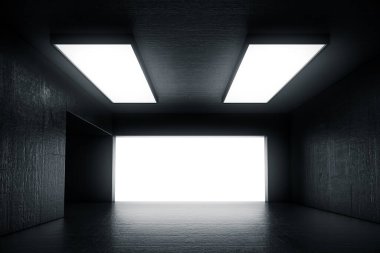 Kapısı ve parlayan ışığı olan boş, soyut beton bir oda. İç mekan konsepti. 3d illüstrasyon