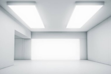 Kapısı ve parlayan ışığı olan soyut beyaz bir oda. İç mekan konsepti. 3d illüstrasyon