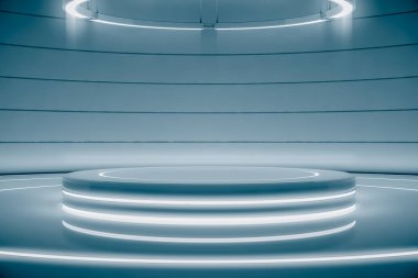 Avize ile birlikte fütüristik yuvarlak kaide ya da platform. Boş ürün poduimi ya da ayakta. Parlak ışıkla gelecek boş sahne. Gelecekteki geçmişi. 3d oluşturma
