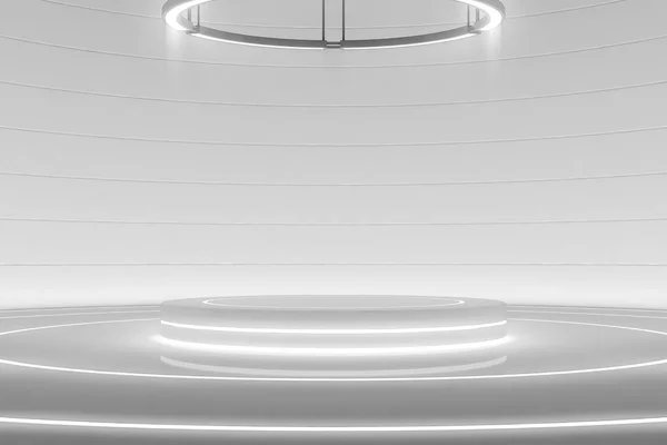 Avize ile birlikte fütüristik yuvarlak kaide ya da platform. Boş ürün poduimi ya da ayakta. Parlak ışıkla gelecek boş sahne. Gelecekteki geçmişi. 3d oluşturma