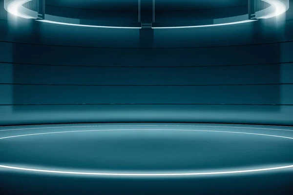 Avize ile gösterilecek fütürist kaidesi ya da platformu. Boş ürün poduimi ya da ayakta. Parlak ışıkla gelecek boş sahne. Tasarım için gelecek arka plan. 3d oluşturma