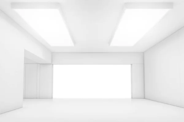 空荡荡的抽象的白色房间 有大门和发光的光 内部概念背景 3D说明 — 图库照片