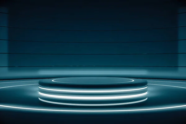 Göstermek için fütüristik yuvarlak kaide ya da platform. Boş ürün poduimi ya da ayakta. Parlak ışıkla gelecek boş sahne. Tasarım teknolojisi bilim kurgu iç konsepti için gelecekteki arka plan. 3d oluşturma