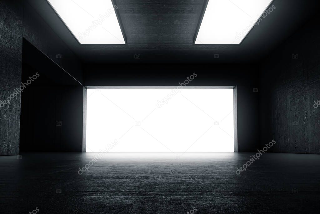 Empty dark abstract concrete room with the gate and glowing light. Interior concept background. 3d illustration