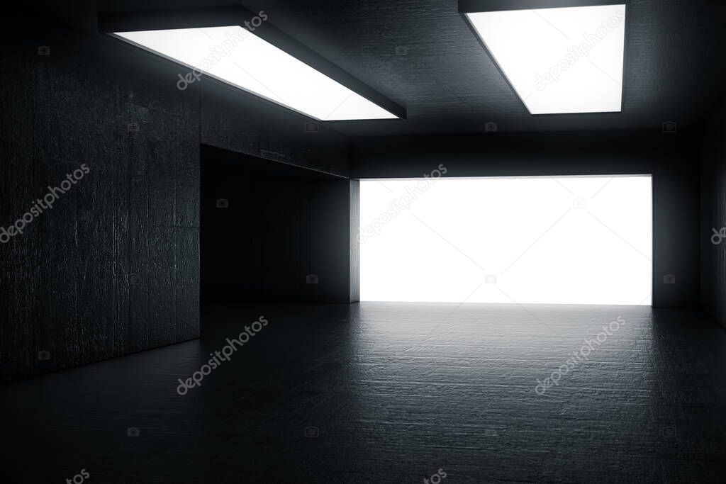 Empty dark abstract concrete room with the gate and glowing light. Interior concept background. 3d illustration