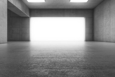 Kapısı ve parlayan ışığı olan boş bir beton oda. İç mekan konsepti. 3d illüstrasyon