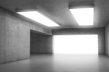 Kapısı ve parlayan ışığı olan boş bir beton oda. İç mekan konsepti. 3d illüstrasyon