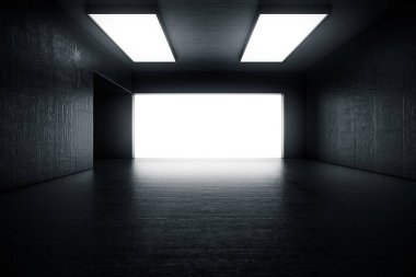 Kapısı ve parlayan ışığı olan boş, soyut beton bir oda. İç mekan konsepti. 3d illüstrasyon