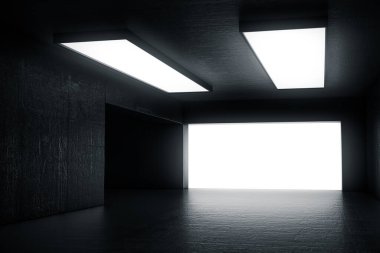 Kapısı ve parlayan ışığı olan boş, soyut beton bir oda. İç mekan konsepti. 3d illüstrasyon